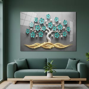 Elegant Acrylic Glass Tree Wall Art with Blue Flowers, Modern Wall Art, Large Acrylic Wall Art, Abstract Wall art, Acrylic Painting Gift
