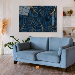 Blue & Gold Leaf Abstract Acrylic Wall Art: Modern Home Decor