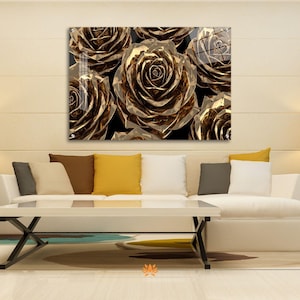 Golden Rose Acrylic Glass Wall Art: Modern Abstract Floral Decor