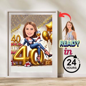 Aangepaste karikatuur 40e verjaardag van foto's, gelukkige verjaardag cartoon portretcadeau, gelukkige 40e verjaardag, karikatuur van foto