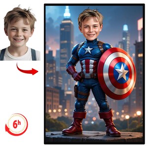 Ritratto di compleanno di Capitan America, cartone animato di un ragazzo supereroe, biglietto d'invito di Capitan America, divertente festa di compleanno a tema supereroi