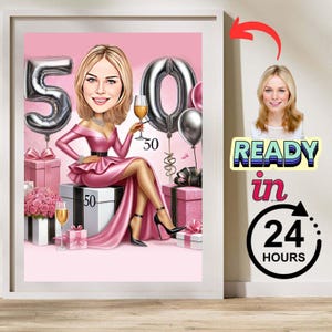 Gepersonaliseerde karikatuur 50e verjaardag van foto's, gelukkige verjaardag cartoon portret cadeau, gelukkige 50e verjaardag, karikatuur van foto