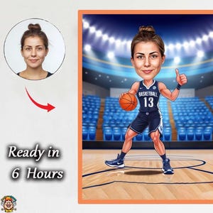 Retrato de desenho animado feminino de basquete / Presente de basquete / Caricatura de basquete personalizada / Presente para basquete / Caricatura de basquete de foto