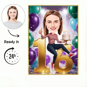 Caricature d'anniversaire de 16 filles / 16e anniversaire carte d'anniversaire / 16e carte d'anniversaire / 16e anniversaire de gâteau / 16e invitation d'anniversaire, cadeau