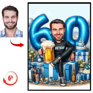 Retrato de caricatura de hombre de 60 años personalizado / Caricatura de 60 cumpleaños / Caricatura de cumpleaños / Regalo de cumpleaños personalizado / Cumpleaños de hombre / Regalo divertido