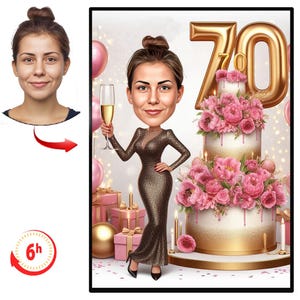 Gepersonaliseerde karikatuur 70e verjaardag van foto's, gelukkige verjaardag cartoon portret cadeau, gelukkige 70e verjaardag, karikatuur van foto