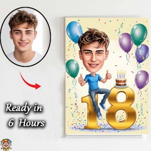 Caricatura de cumpleaños de niño número 18 / Invitación de cumpleaños número 18 / Tarjeta de cumpleaños número 18 / Adorno para tarta de cumpleaños número 18 / Invitación de cumpleaños número 18, regalo para él