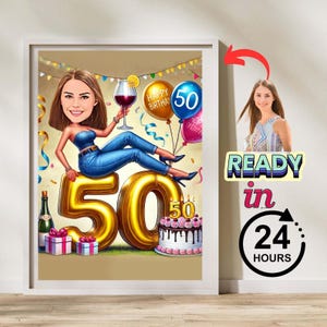 Gepersonaliseerde karikatuur 50e verjaardag van foto's, verjaardagscadeau cartoon portret, gelukkige 50e verjaardag, cadeaus 50e verjaardag voor vrouwen