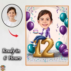 12 girl Birthday caricature / 12th Birthday Invitation / 11th Birthday card / 12th Birthday cake topper / 12th Birthday Invitation, gift
