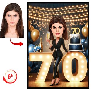 Gepersonaliseerde karikatuur 70e verjaardag van foto's, gelukkige verjaardag cartoon portret cadeau, gelukkige 70e verjaardag, karikatuur van foto