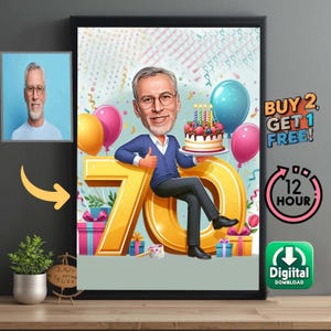 Retrato de dibujos animados personalizado de 70 años, dibujo de caricatura de feliz cumpleaños personalizado, caricatura divertida, regalo para él, feliz 40, 50, 60, 70 y 70