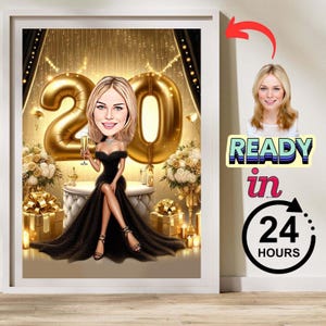 Portrait dessin animé 20e personnalisé | 20e caricature | Dessin caricature personnalisé joyeux anniversaire | Dessin animé 20e anniversaire, caricature d'anniversaire