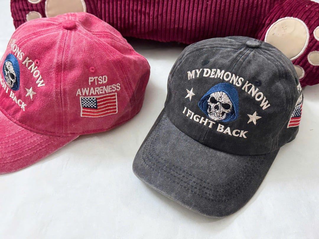 PTSD Awareness Embroidered Baseball Cap: Skull Design, Veteran