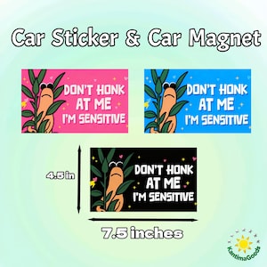 May include: Car stickers and magnets with a cartoon frog design. The stickers and magnets are rectangular, measuring 7.5 inches wide and 4.5 inches high. Each features the text "DON'T HONK AT ME I'M SENSITIVE" and a frog illustration on a pink, blue, or black background.