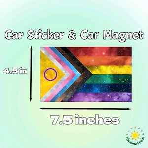 May include: A car sticker or car magnet featuring a colorful flag design. The flag is 7.5 inches wide and 4.5 inches tall. The design incorporates rainbow colors and other geometric shapes. The text "Car Sticker & Car Magnet" is at the top.