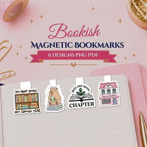 Puede incluir: Cuatro marcapáginas magnéticos con ilustraciones de una estantería con el texto 'Too Many Books Not Enough Time', un capibara con una bebida sobre libros, un libro abierto con 'Just one more CHAPTER' y una 'Romance Bookshop' rosa.
