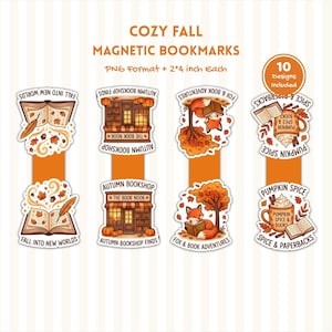 May include: A set of ten magnetic bookmarks featuring autumn-themed illustrations including open books with quills, a bookshop storefront, foxes reading, and mugs of pumpkin spice. Each bookmark measures 2 by 4 inches and includes text.