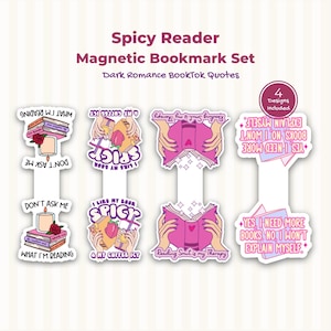 May include: A set of four magnetic bookmarks featuring pink and purple illustrations with text. Designs include stacks of books with candles, a person holding a book and coffee, an open book with sparkles, and text reading Yes, I need more books.