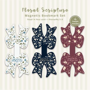 Puede incluir: Un juego de tres marcapáginas magnéticos con forma de lazo y estampados florales en blanco, azul marino y granate. Cada marcapáginas muestra el texto Trust in the Lord with all your Heart Proverbs 3:5. Una insignia circular indica 4 diseños incluidos.