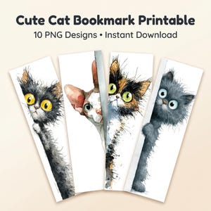Könnte beinhalten: Vier vertikale rechteckige Lesezeichen mit Aquarellillustrationen von Katzen, die hinter einer Wand hervorlugen. Der Text lautet Cute Cat Bookmark Printable 10 PNG Designs Instant Download. Jede Katze hat ein individuelles Fell und große Augen.
