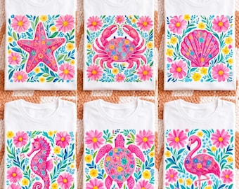 Paquete de imágenes PNG de verano costero, sublimación de vida playera, gráficos preppy de langosta, cangrejo, tortugas marinas y flamencos para camisetas.