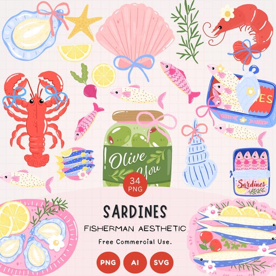 Tinned Fish Clipart Bundle | Sardine Tin Fish PNG | Fish Clipart Set | Seafood Clipart | Coastal Fisherman Aesthetic Graphics.