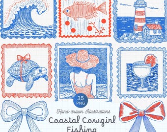 Paquete PNG de vaquera costera - Clipart náutico estético de pescador - Archivos SVG vintage dibujados a mano.