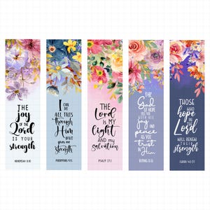 May include: Set of five floral bookmarks with inspirational quotes. Each bookmark features a different watercolor floral design in shades of pink, purple, and blue, with a corresponding Bible verse in elegant script.