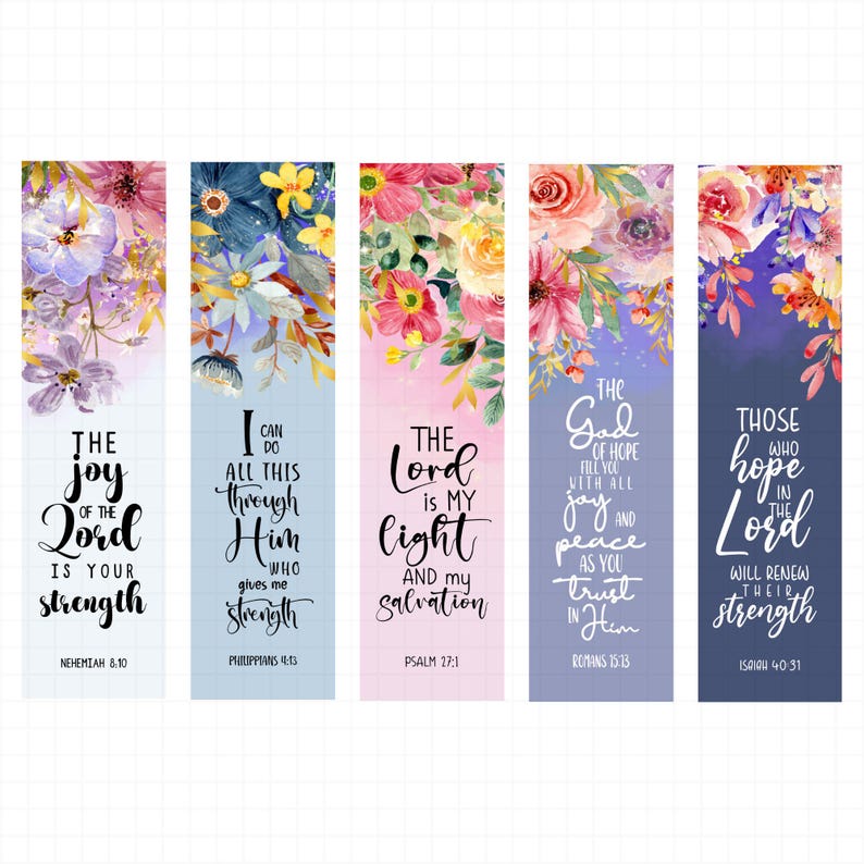 May include: Set of five floral bookmarks with inspirational quotes. Each bookmark features a different watercolor floral design in shades of pink, purple, and blue, with a corresponding Bible verse in elegant script.