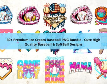 Ice Cream Baseball PNG Bundle: Drip Clipart, Team Shirt Designs (Digital Download)