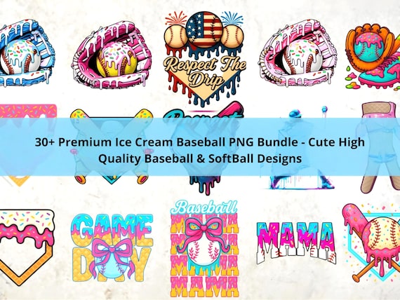 Ice Cream Baseball PNG Bundle: Drip Clipart, Team Shirt Designs (Digital Download)