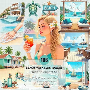 Beach Vacation Summer Planner Clipart | Coastal Aesthetic PNG | Summer Girl Digital Download | Tropical Fashion | Commercial Use.