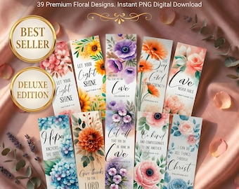 39 Deluxe Bible Verse Bookmark Bundle Printable, Christian Floral Scripture Bookmarks PNG Digital Download