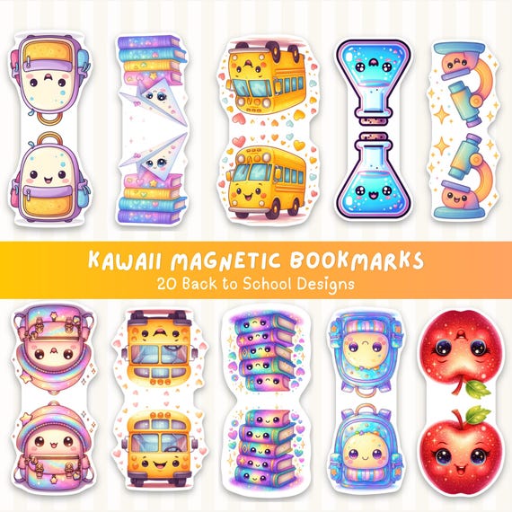 Magnetic Bookmark for Students, Classroom Bookmark Bundle, Kids Bookmark Printable PNG, Kawaii Back to School, Instant Download