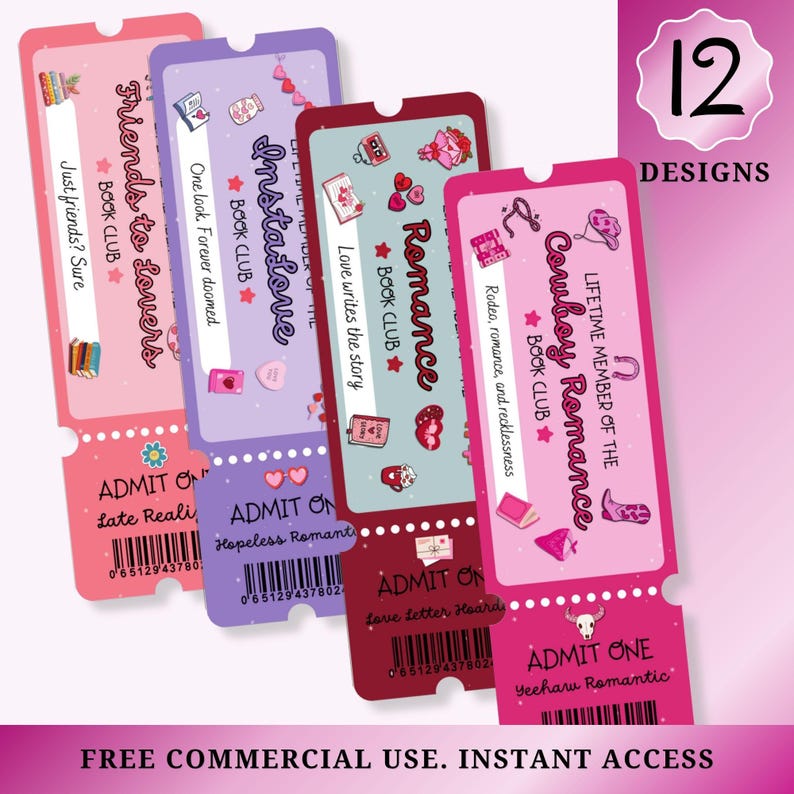 May include: Four colorful bookmarks with romantic themes: "Friends to Lovers," "InstaLove," "Romance," and "Cowboy Romance." Each bookmark features unique illustrations and text, with a "Book Club" label. The image also includes a "12 Designs" graphic.