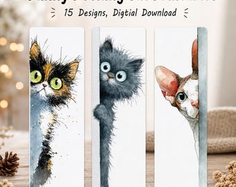 15+ Funny Peeking Cats Bookmark Bundle | Cute Watercolor Cat Bookmarks | Printable Digital Download | PNG JPG Cat Lover Gift.