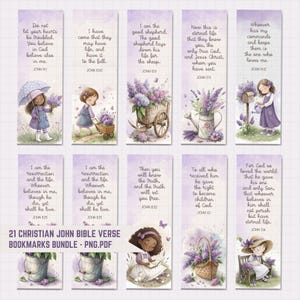 Puede incluir: Un conjunto de diez marcapáginas verticales con ilustraciones en acuarela de niños, flores de lavanda y textos religiosos. Cada marcapáginas muestra un versículo bíblico único del Evangelio de Juan sobre un fondo suave de color violeta y blanco.