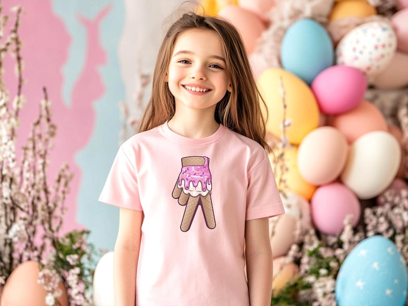 May include: A young girl wearing a pink t-shirt with a graphic of a pink and white ice cream cone on a waffle cone. The girl is smiling and standing in front of a background of pastel colored Easter eggs.