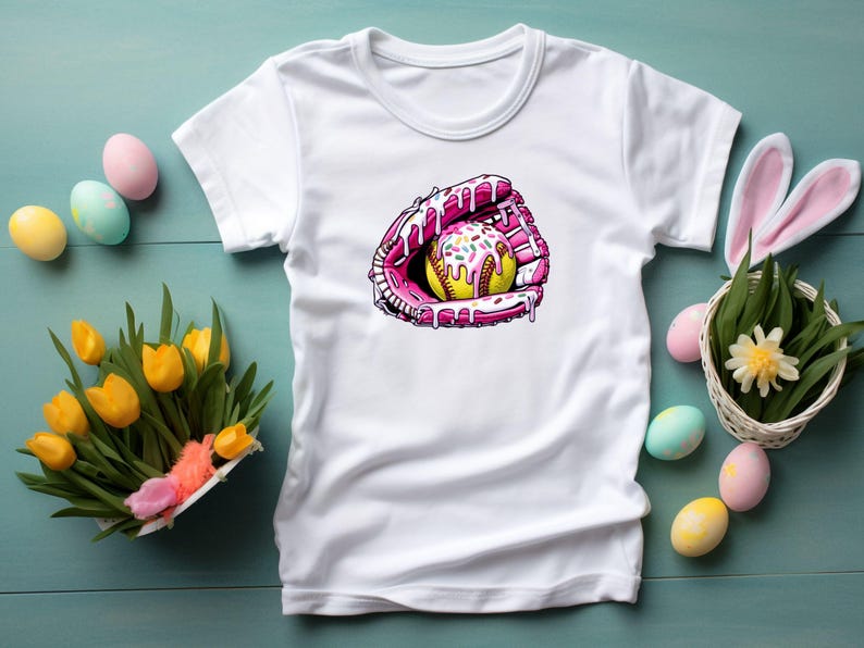 May include: White t-shirt with a pink and yellow softball graphic. The softball is covered in pink frosting and sprinkles.