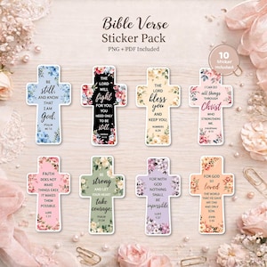 Könnte beinhalten: Ein Set aus zehn kreuzförmigen Aufklebern mit Blumenmustern und verschiedenen Bibelversen. Jeder Aufkleber zeigt einen einzigartigen Text wie Be still and know that I am God, The Lord will fight for you und For God so loved the world.