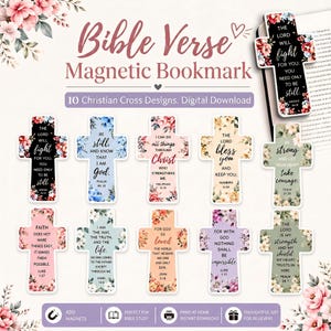 May include: A set of ten cross-shaped magnetic bookmarks featuring floral patterns and various Bible verses. Each bookmark displays unique text such as The Lord will fight for you, Be still, and I can do all things through Christ, printed in black script.