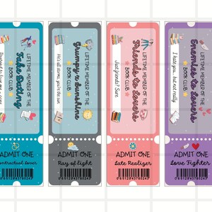 May include: Four colorful bookmarks with unique designs and text. Each bookmark features a different theme: "Fake Dating," "Grumpy & Sunshine," "Friends to Lovers," and "Enemies to Lovers." The bookmarks have a ticket-like design with the words "Admit One" and a barcode.