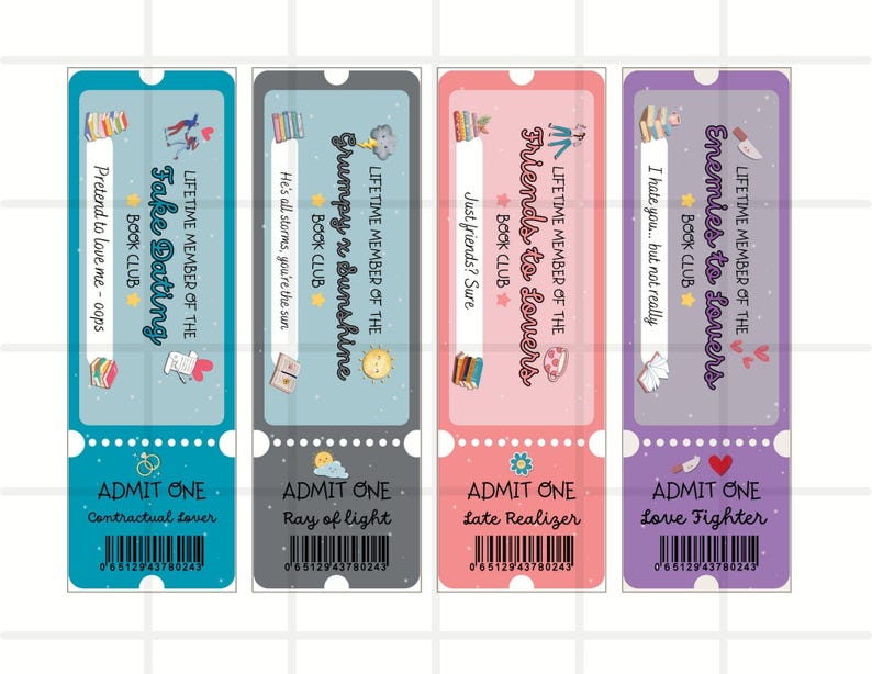 May include: Four colorful bookmarks with unique designs and text. Each bookmark features a different theme: "Fake Dating," "Grumpy & Sunshine," "Friends to Lovers," and "Enemies to Lovers." The bookmarks have a ticket-like design with the words "Admit One" and a barcode.