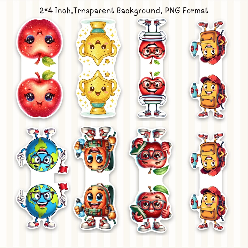 Pu&ograve; includere: Un foglio di adesivi digitali con otto personaggi dei cartoni animati, tra cui mele con faccine, trofei d'oro, mappamondi con occhiali e zaini con borracce. Il testo in alto recita 2*4 inch, Trnparent Background, PNG Format.