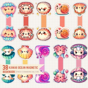 May include: A collection of 38 kawaii ocean-themed magnetic bookmarks. The bookmarks feature various sea creatures like clams, snails, and octopuses, each with a cute, cartoonish design. The color palette includes pinks, blues, oranges, and purples. Text on the image reads "KAWAII OCEAN MAGNETIC BOOKMARK | FREE COMMERCIAL USE."