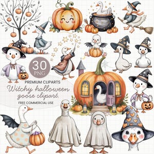 Halloween Goose Clipart Set: Spooky Witchy Geese PNG (300 DPI Instant Download
