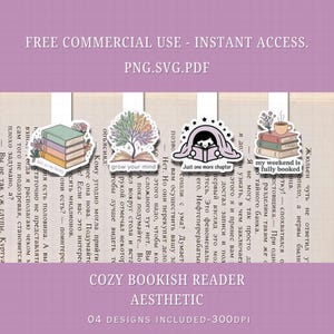 Puede incluir: Marcadores digitales estéticos con diseños de lector de libros acogedores. La imagen muestra cuatro diseños únicos con ilustraciones de libros, un árbol, una persona leyendo bajo una manta y una pila de libros con una taza de café. También incluye el texto "COZY BOOKISH READER".