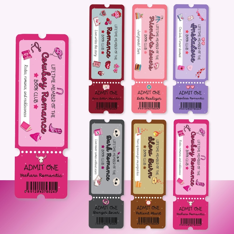 May include: A collection of colorful book club tickets with various themes like "Cowboy Romance" and "Dark Romance." Each ticket features unique illustrations and text, including "ADMIT ONE" and the book club name. The tickets are in shades of pink, red, gray, and brown.