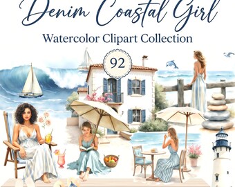 Paquete de imágenes prediseñadas de acuarela de chica costera con mezclilla, imágenes prediseñadas PNG de vacaciones de verano en la playa, conjunto de ilustraciones de la costa mediterránea