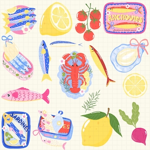 Puede incluir: Ilustraci&oacute;n colorida con varios productos del mar. La imagen incluye sardinas, anchoas, una langosta, limones, tomates y un r&aacute;bano. Tambi&eacute;n se muestran sardinas y anchoas enlatadas, con etiquetas de texto. El estilo es caprichoso e ilustrativo.